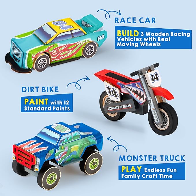 JOYIN Kids Craft Kit Build & Paint Your Own Wooden Race Car Art & Craft Kit DIY Toy Make Your Own Car Truck Toy Construct and Paint Kit, Presents for Kids