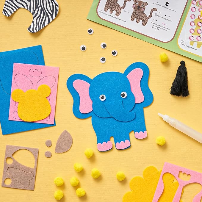 ARTEZA Kids Felt Kit, 357 Pieces, 25 Pre-Cut Animal Shapes, 5 Felt Sheets, 140 Mini-Pieces, Gemstone Stickers, Yarn, and Glue