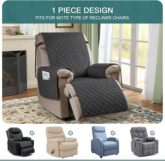 Ruaozz 100% Waterproof Recliner Chair Cover Non-Slip Oversized Reclining Cover for Large Recliner Chair Washable Chair Seat Cover with Elastic Straps for Kids, Dogs, Pets (Charcoal Grey, 28'')