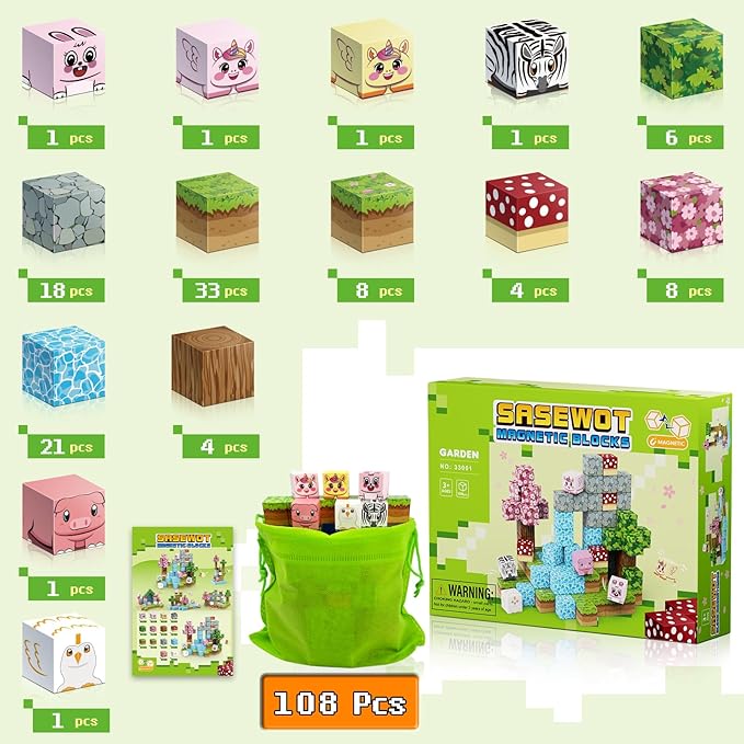 Magnetic Blocks Building Toys,108PCS Magnetic Building Blocks,Magnets Cubes Garden Set,Toddler STEM Sensory Construction Toys 3 4 5 6 7 Girls Boys Christmas Birthday Gifts for 3+ Years Old Kids