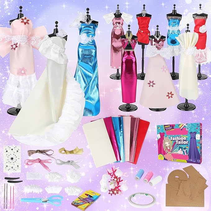 deAO Fashion Design Kit for Girls with Mannequins Creativity DIY Arts & Crafts Toys Doll Clothes Sewing Kit Kids Learning Toys Craft Activities with Real Fabric and Sewing Tools for Age 3+