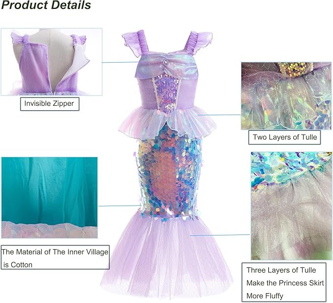 Little Girls Princess Mermaid Costume for Girls Dress Up with Accessory for Christmas Birthday Party Supplies
