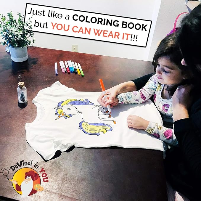 Coloring Shirt for Girls - Kit with 10 Fabric Markers and Alphabet Stencil (Birthday Unicorn, 8/9)