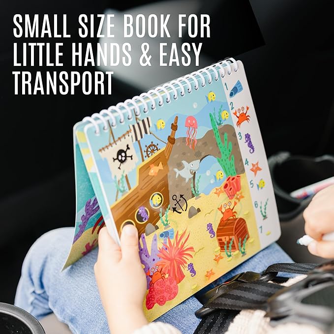 Kids Small Size Travel Educational Activity Book with Washable Markers (7"x7") - Car and Airplane Activities, Learning Toys for Toddlers - Search and Find, Reusable Stickers for Ages 4, 5, 6 (Space)