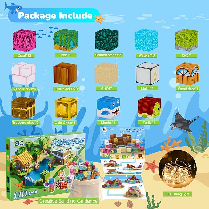 Magnetic Blocks 110PCS with 6 Animal Toys, Ocean Building Blocks Set, Toys for Boys & Girls Age 6-8, STEM Montessori Stacking Building Toys for Toddlers Sensory Toy for Kids 6+