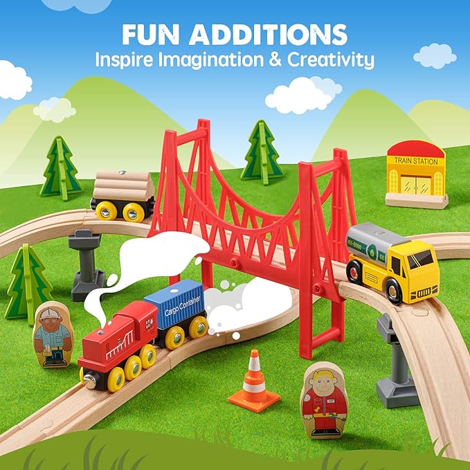 Tiny Land 55PCS Wooden Train Set - Compatible with Major Brand Tracks, Educational Toy for Toddlers & Kids Ages 3-7, Durable Wooden Railway Tracks