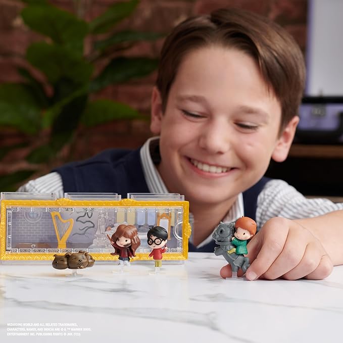 Wizarding World Harry Potter, Micro Magical Moments Scene Gift Set with Exclusive Harry, Hermione, Ron, Fluffy Action Figures & Case, Kids Toys