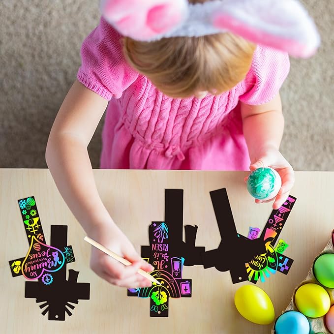 WATINC 60pcs Cross Scratch Cards, Resurrection Cross Magic Scratch Paper DIY Art Ornaments, Color Crafts Kit for Kids, Christian Religious Easter Sunday School Classroom Supplies Decorations