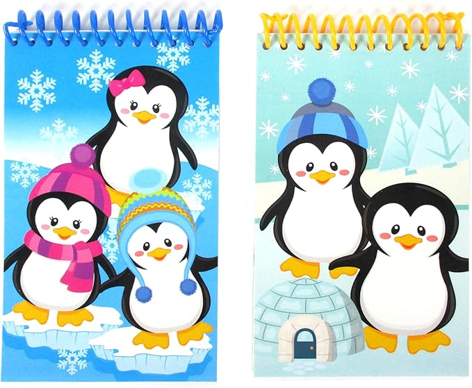 TINYMILLS Penguins Birthday Party Favor Set (12 multi-point pencils, 12 stampers, 12 sticker sheets, 12 small spiral notepads) Winter Party Favors for Classrooms