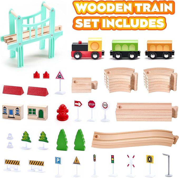 47Pcs Wooden Train Set for Toddlers, Wooden Train Track - Expandable and Changeable, Safe Educational Train Toys Gift for Boys & Girls Kids Ages 3-5 4-8, Compatible with All Major Brands