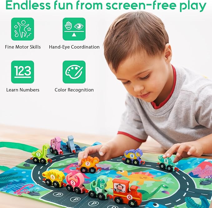 Dinosaur Toys for Toddlers Age 2-4, Wooden Dinosaur Train Set with Playmat/Storage Bag, Montessori Educational Toys for 2+ Years Old Boys & Girls