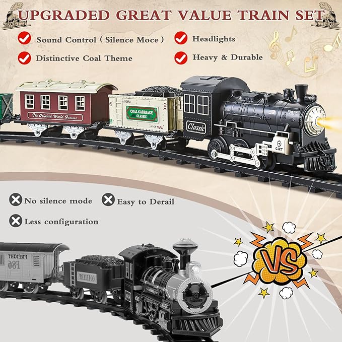 Kids Train Set - Train Toys w/Sounds (Turn ON/Off), Lights, Electric Toddlers Classical Train for Christmas Village Tree, Train Set for Toddlers 2-4, Christmas Toys Gifts 3 4 5 6 7 8+ Year Old