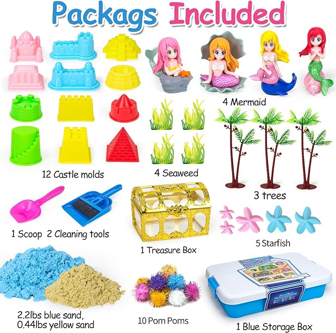 Mermaid Sensory Bin Sandbox Toys for Toddlers Girls Kids- Mermaid Toys for Kids Play Sand Kit Sensory Sand Bin Toys with 2.2 lbs Sand & Castle Mold,Great Christmas Birthday Gift for Girl Kids