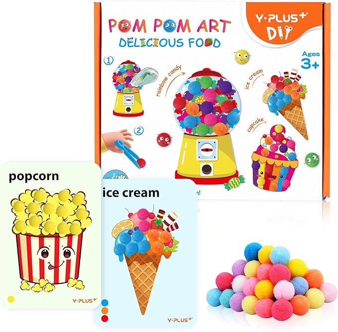 YPLUS Pompoms Art Crafts Kits, Toddler DIY Sensory Activities for Kids Ages 1-3 2-4 3-5, Finger Motor Art Supplies - Theme Food Stocking Stuffers for Kids Toddler