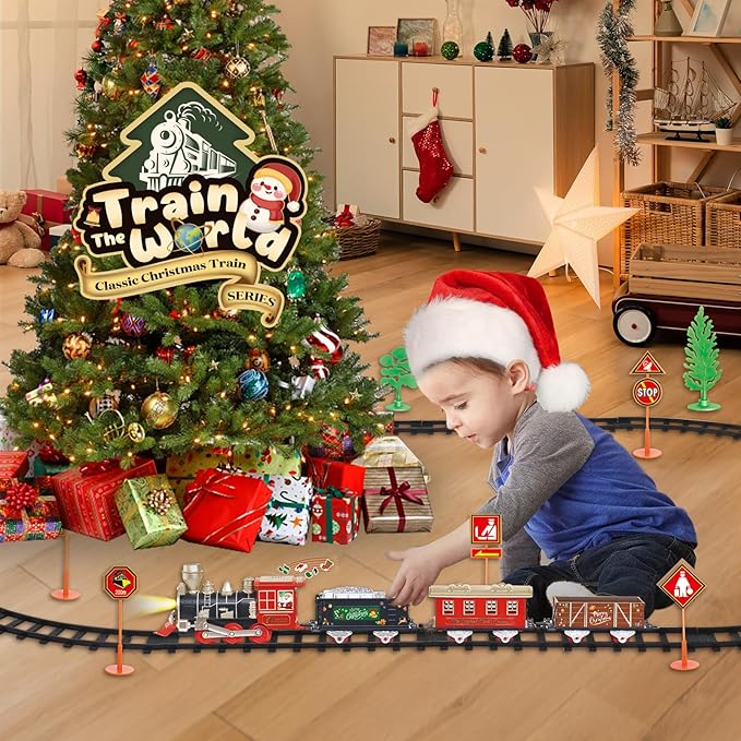 JUQU Train Set, Christmas Train Set for Around The Tree w/Lights & Xmas Sounds, Christmas Tree Train Toys, Electric Toy Train Set for Boys, Toddler Model Train Gifts for 3 4 5 6 7 8+ Years Old Kids