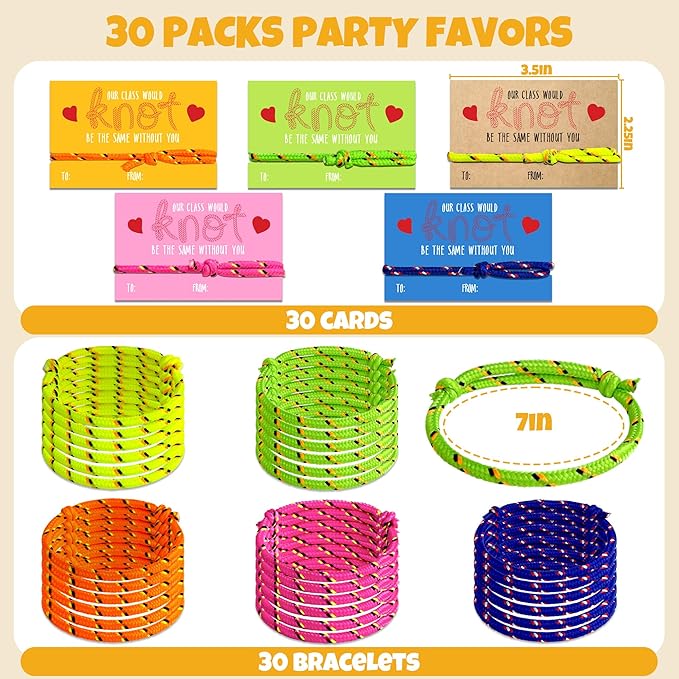 Friendship Bracelet Valentines Cards - 28Pcs Knot Bracelet Greeting Cards, Class Valentines Day Cards for Shcool Classroom Exchange, kids Valentines Day Gifts for Students from Teachers