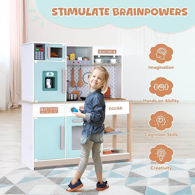 Wooden Play Kitchen for Kids Toddlers, Kitchen Playset with Stove, Oven, Sink, Fridge and Accessories Toy Kitchen Set with Plenty of Play Features, Kids Play Kitchen Designed, Gift for Ages 3+