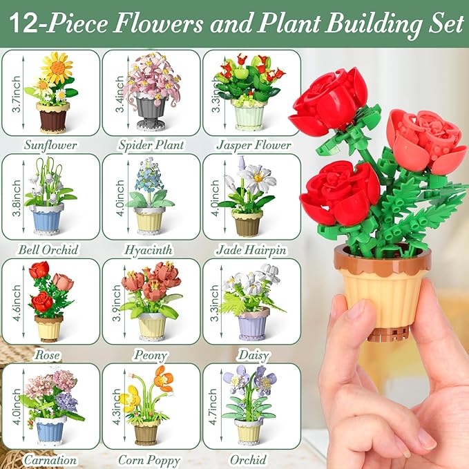 Flowers and Plant Building Set,(2531 Pcs) 12 Kinds Flowers Botanical Bonsai Building Set for Adults, Kids, Girls, Idea Gifts for Mother's Day, Birthdays, Creative Building Block Toys Decor for Home
