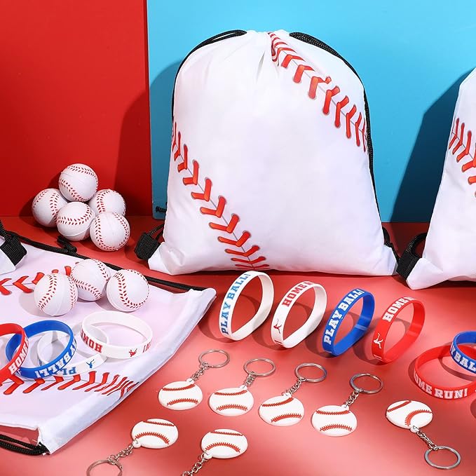 LEIFIDE 48 Pcs Basketball Soccer Football Baseball Party Favors Supplies 12 Silicone Bracelet 12 Drawstring Treat Bag 12 Mini Stress Ball 12 Keychains for Birthday Sports Party Supplies(Baseball)