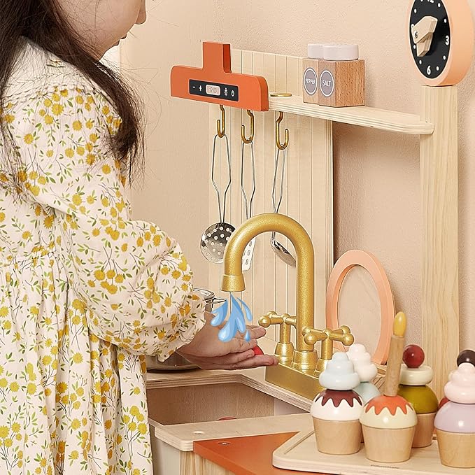 Play Kitchen Set, Wooden Toy Kids Kitchen Playset, Pretend Toddler Kitchen with Play Dishes Play Sink Microwave Oven Cookware Accessories Playset,Best Gift for Girls Boys 3+ Year Old(Red)