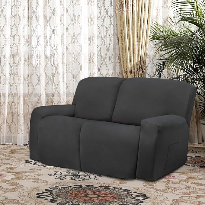 Easy-Going 6 Pieces Microfiber Stretch Sectional Recliner Sofa Slipcover Soft Fitted Fleece 2 Seats Couch Cover Washable Furniture Protector with Elasticity for Kids(Recliner Loveseat, Dark Gray)