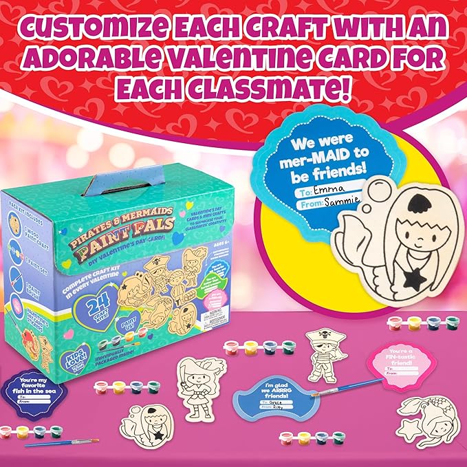 Valentines Cards for Kids Classroom -Mermaid & Pirate Wood Painting Kits (24ct)-Great Valentine's Day Gifts for Kids School Exchange -Each Valentine has Craft, Paints, Brush & Sticker for Boys & Girls