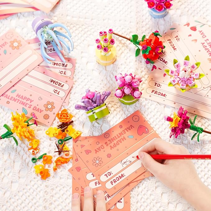 Valentines Day Gifts for Kids, Valentines Day Cards for Kids School with Flower and Succulents Building Blocks, Ideal for Kids Classroom Gift Exchange Building Set, Valentine Party Favor, 24 Packs