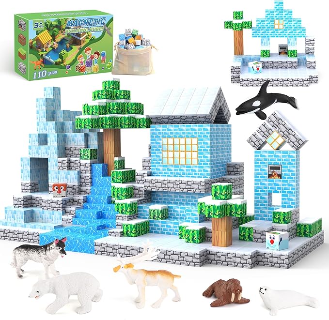 Magnetic Blocks 110PCS with 6 Animal Toys, Snow World Building Blocks Set, Toys for Boys & Girls Age 4-6,5-7,6-8, Stacking Building Toys for Toddlers & Kids 3+