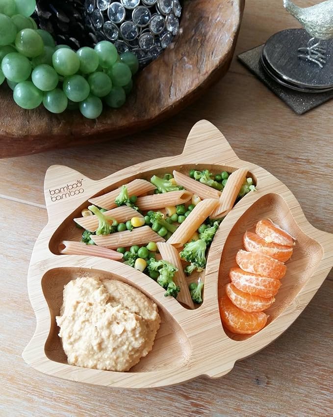 Bamboo Baby Plate with Suction - Kids and Toddler Suction Cup Plate for Babies, Non-toxic All-Natural Bamboo Baby Food Plate Stays Cool to the Touch for Baby-Led Weaning (Fox-Cherry)