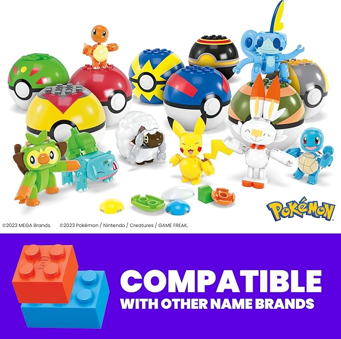 Mega Pokemon Trainer Starter Pack 8 Pokeballs with Characters, 191 Building Blocks, Includes Bulbasaur, Charmander, Squirtle and Pikachu Among Others, Toy +6 Years (HTJ75)