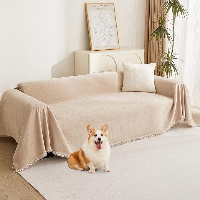 MYSKY HOME Dog Sofa Covers Khaki Couch Cover for 2 Cushion Couch Sofa Tassel Edge L-Shaped Sofa Slipcovers, Loveseat Couch Cushion Cover, Sofa Throw Covers, Furniture Covers for Pets, 91"x 118"