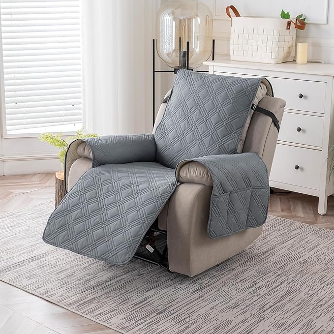 Easehomey 100% Waterproof Recliner Chair Covers, Non Slip Oversized Reclining Cover, Cover Furniture Protector Washable Chair Cover with Pocket,Elastic Straps for Kids,Pets,Dogs(Light Gray,28")