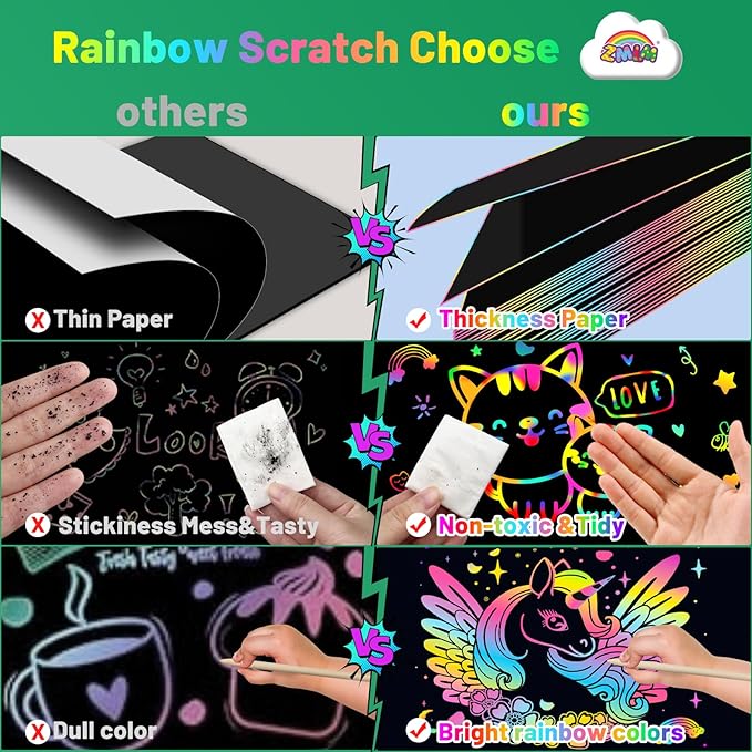 ZMLM Scratch Paper Art Craft Gift: 2 Pack Rainbow Scratch Set for Kids Ages 4-8 Drawing Coloring Craft Black Magic Art Supplies Kits Easter Basket Stuffers for Girls Boys Birthday Valentines Day Toys