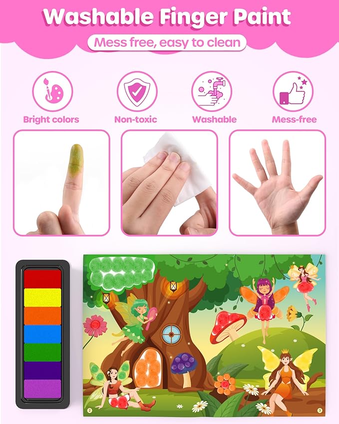 D-FantiX Dot Art Sticker Book Kits with Ink Pad, Mess-Free Finger Painting for Toddlers, Unicorn, Princess, Mermaid, Flower Fairy Arts and Crafts, Kids Travel Activities, Girls Easter Basket Stuffers
