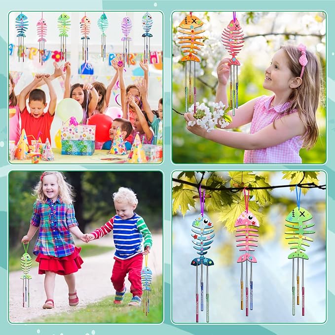 Fennoral 12 Pack Wind Chime Kit Spring Craft for Kids Wooden Arts and Crafts for Girls Boys Make Your Own Fish Wind Chime Ornaments DIY Coloring Fish Craft for Winter Birthday Party Supplies