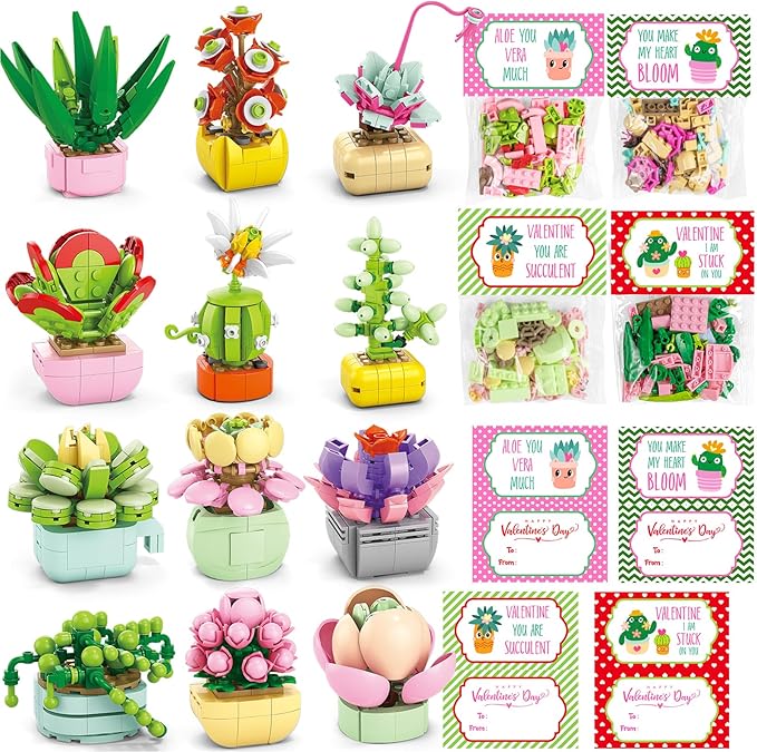 Valentines Day Gifts for Kids 6-12, 24 Pack Succulents Plants Building Blocks with Gift Cards for School Classroom, Bulk Boy Girl Class Valentine Party Favors Exchange Gift Goodie Bag Stuffers