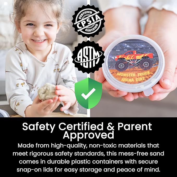 Monster Truck Party Favors - 10 Jars Quartz Sand - Monster Truck Sand - Sensory Sand for Kids-Includes Customizable Printable Monster Truck Cupcake Topper & Snack Labels-Creative Molding Sand