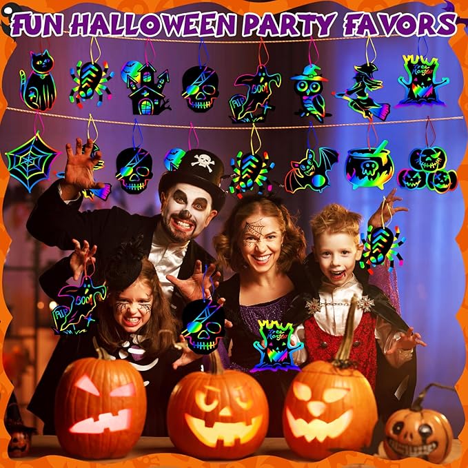 Halloween Crafts Kit for Kids, 48 Pcs Magic Scratch Off Cards Paper Hanging Set, Halloween Party Favors Gifts Ornaments for Kids Halloween Party Games Classroom DIY Activity Art Craft Supplies