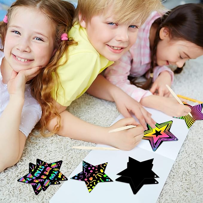 WATINC 60pcs Star Scratch Cards for Magic Color Craft Kit DIY Paper Art Scratch Star Ornament for Kids School Classroom Party Favor Supplies Decorations
