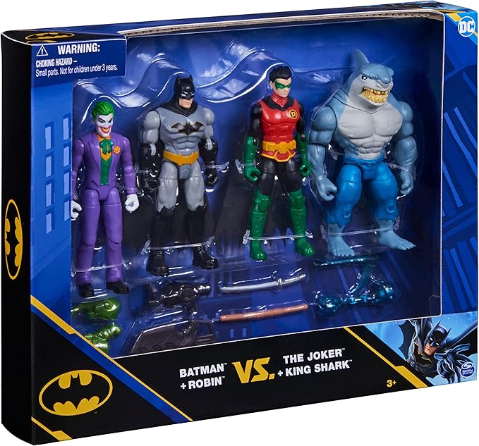 DC Comics, Batman and Robin vs. The Joker and King Shark, 4-inch Action Figures, Kids Toys for Boys and Girls Ages 3 and Up