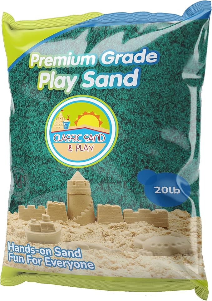 Classic Sand and Play Green Colored Play Sand, 20 lb. Bag, Natural and Non-Toxic, Fun Wet and Dry Indoor and Outdoor, Sandbox, Therapy, and Table Use, Building, Stimulate Sensory Needs