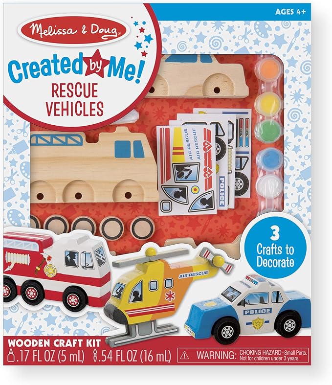 Melissa & Doug Created by Me! Rescue Vehicles Wooden Craft Kit - Decorate-Your-Own Police Car, Fire Truck, Helicopter