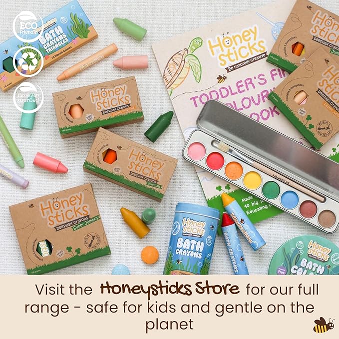 Honeysticks 100% Pure Beeswax Crayons (12 Pack) - Non-Toxic Crayons, Safe for Babies and Toddlers, For 1 Year Plus, Handmade in New Zealand with Natural Beeswax and Food-Grade Colors, Eco-Friendly.