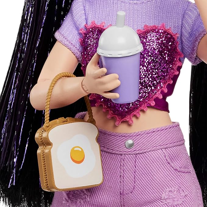 Barbie Dream Besties Doll & Accessories Playset, Renee with Long Black Hair, 11 Food & Video-Themed Pieces
