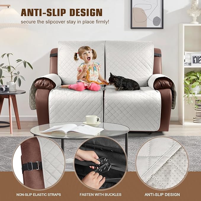 KinCam Waterproof Oversized Loveseat Recliner Cover, Non-Slip Reclining Couch Covers for 2 Seat, Recliner Sofa Cover Furniture Protector with Elastic Straps for Kids, Pets, Beige