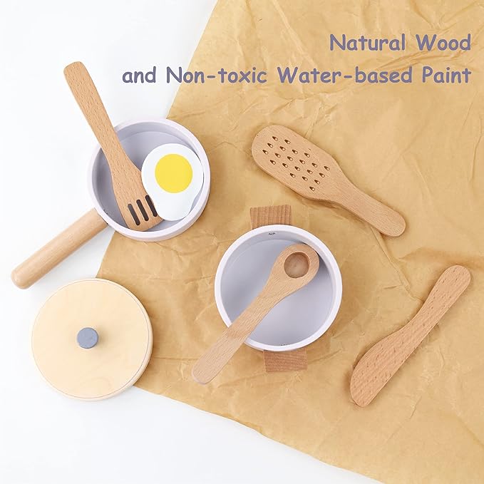 Wooden Toy Pots and Pans Cookware Playset for Kids Kitchen,Toddler Cooking Set,Pretend Play Kitchen Accessories for Toddlers Boys Girls Ages 3+