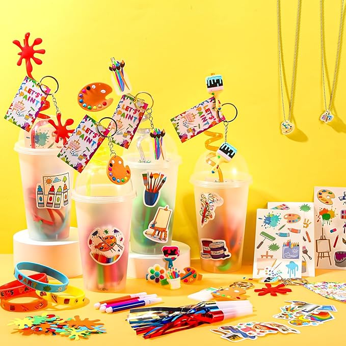 Tondiamo 278 Pcs Art Paint Party Favors Include Gift Cup Plastic Straw Color Pen Keychain Pendant Bracelet Ring Temporary Tattoo Party Blower Card Splatter Confetti for School Reward Birthday