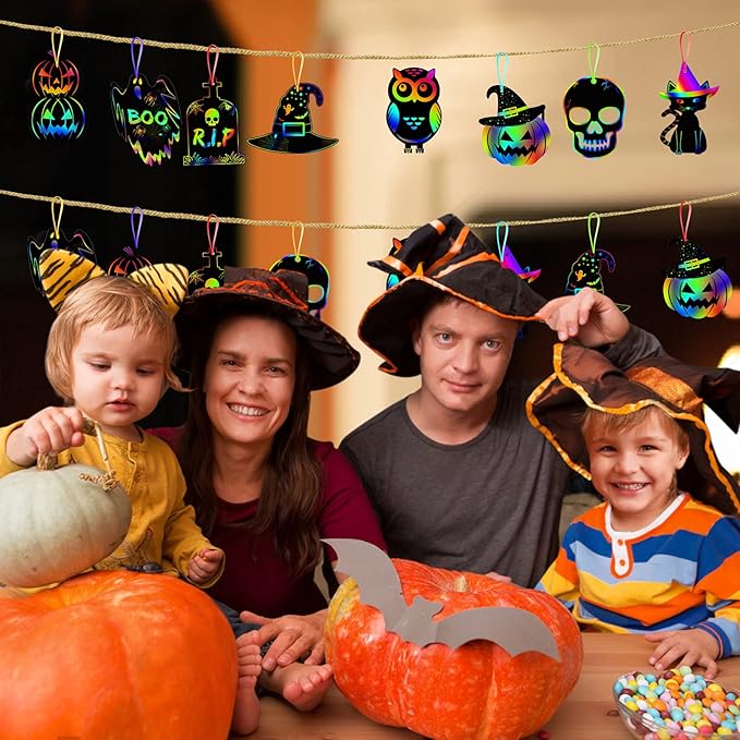 48PCS Halloween Craft Kit for Kids - Magic Scratch Off Cards Paper Hanging Halloween Ornaments Set with 24pcs Wooden Stylus 48pcs Cords for Halloween Party Favor, Art Craft Supplies
