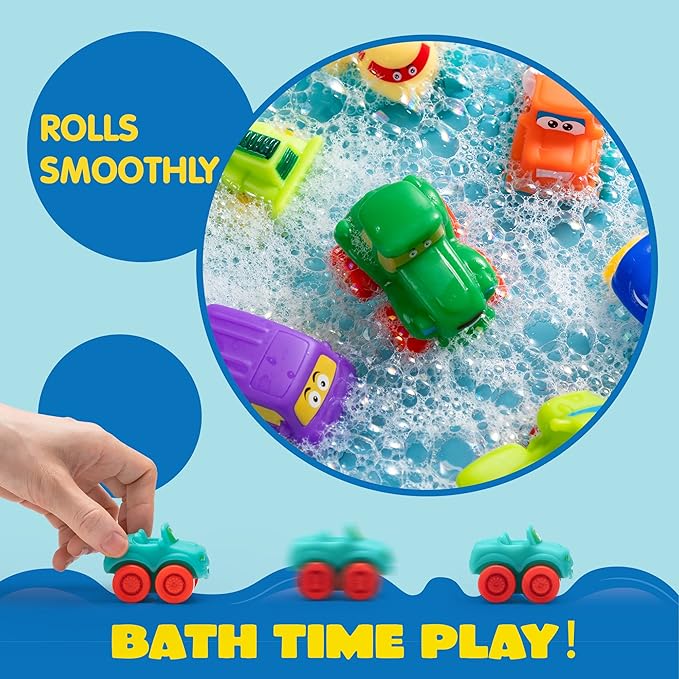 JOYIN Cartoon Cars, Soft Rubber Toy Car Set, Mini Vehicles, Bath Toy Car for Toddlers, Gift for Boys and Girls Christmas Birthday, Summer Beach and Pool Activity, Party Favors for Kids