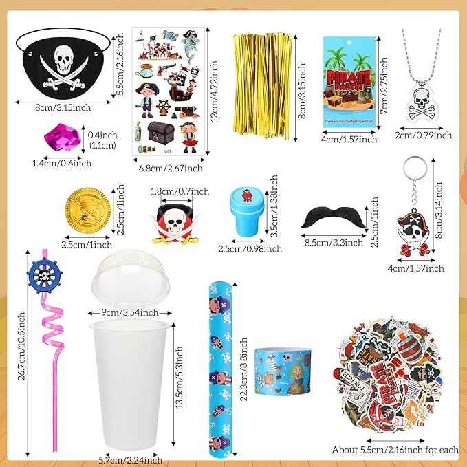 Spakon 327 Pcs Pirate Party Favors Supplies Halloween Party Include Pirate Pendants Bracelets Cup Straw Keychains Rings Eye Masks Mustache Tattoo Stickers Gold Coins Cards for Birthday Party